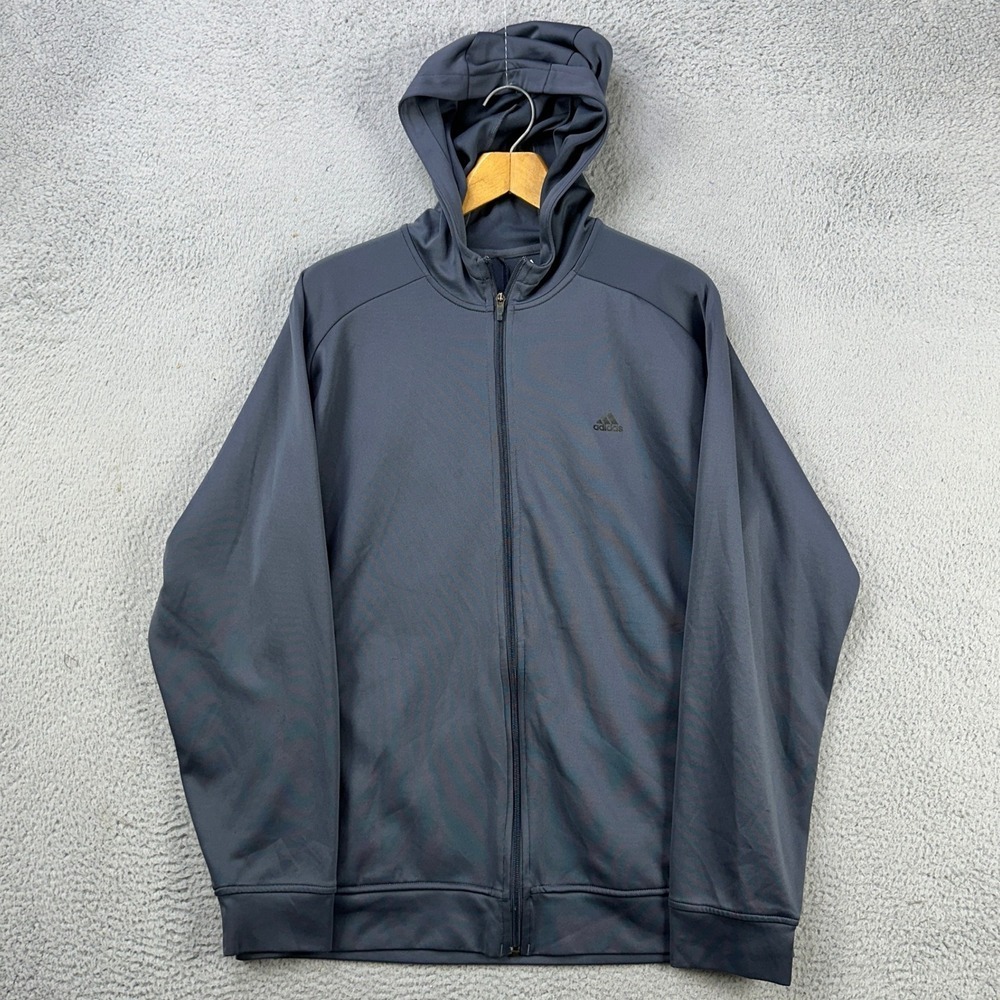 Adidas Jacket Hoodie Mens XL Gray 3 Stripes Performance Pockets Long Sleeve Logo